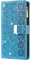 Hoesje geschikt voor Samsung Galaxy S22 - Bookcase - Koord - Pasjeshouder - Portemonnee - Glitter - Bloemenpatroon - Kunstleer - Blauw