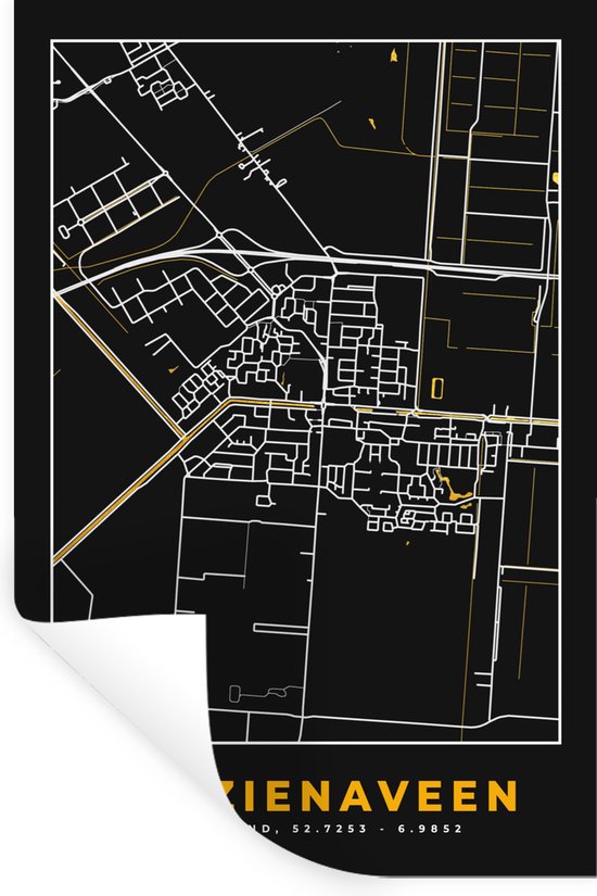 Stickers muraux - Klazienaveen - Carte - Black and Gold et Or - Plan de la ville - Carte - 80x120 cm - Feuille adhésive