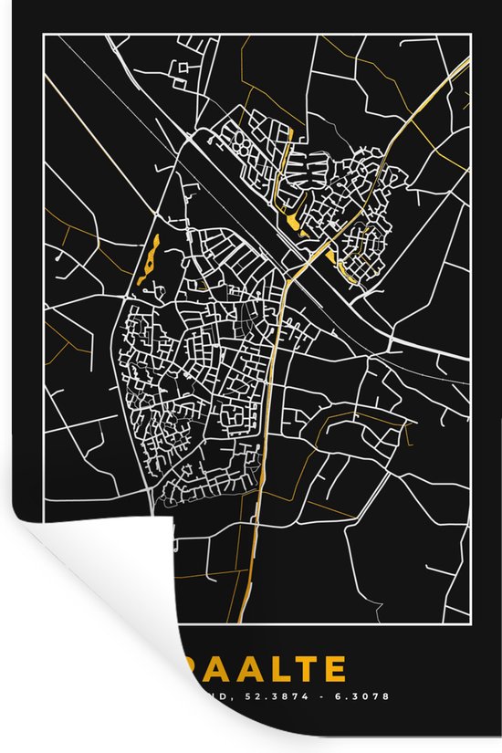 Stickers muraux - Raalte - Black and Gold et Or - Plan de la ville - Plan d'étage - Carte - 40x60 cm - Feuille adhésive