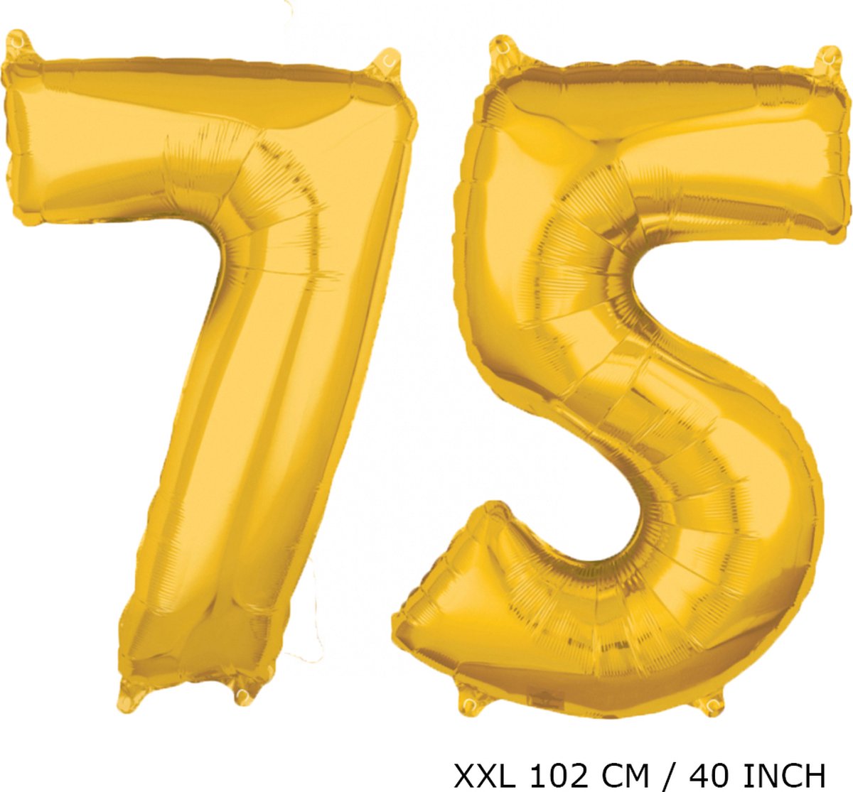 Mega grote XXL gouden folie ballon cijfer 75 jaar. Leeftijd verjaardag 75 jaar. 102 cm 40 inch. Met rietje om ballonnen mee op te blazen.