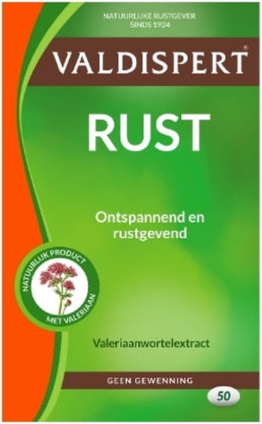Valdispert Rust verpakking met groen en oranje design. Natuurlijk product met valeriaanwortel.
