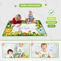 Twee lachende kinderen tekenen zonder viezigheid op een watermat met jungle dieren. Twee andere afbeeldingen tonen kinderen die met verf knoeien, met rode kruisjes om het contrast aan te geven.