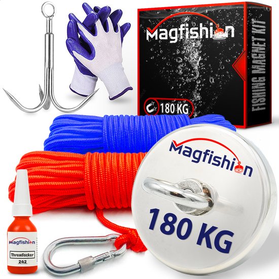 Magfishion Magneetvissen MEGA Set - 180 KG - Vismagneet - 2x Touw + Karabijnhaak met Schroefsluiting - Dreghaak - Handschoenen - Borgmiddel - Magneet Vissen - Outdoor