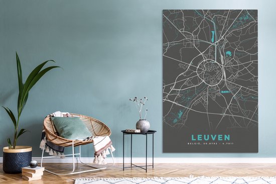 Peinture sur Toile Carte - Louvain - Blauw - Plan de Ville - Carte - België - 120x180 cm - Décoration murale XXL