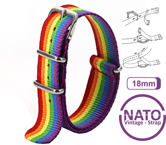 Bracelet de montre 18mm aux couleurs arc-en-ciel avec boucle métallique.
