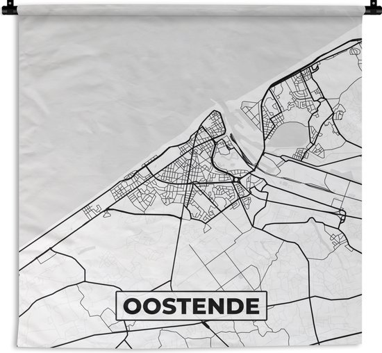 Wandkleed - Wanddoek - België – Oostende – Stadskaart – Kaart – Zwart Wit – Plattegrond - 180x180 cm - Wandtapijt