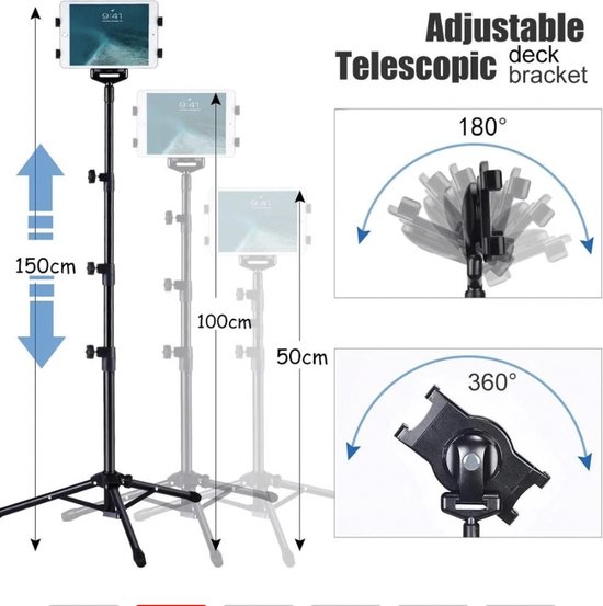 Foto: Hichico tabletstatief professioneel en universeel tripod 7 10inch inclusief telefoonhouder opbergtas en bluetooth afstandsbediening