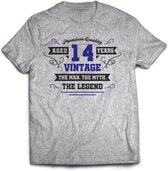 14 Jaar Legend - Feest kado T-Shirt Heren / Dames - Antraciet Grijs / Donker Blauw - Perfect Verjaardag Cadeau Shirt - grappige Spreuken, Zinnen en Teksten. Maat XXL