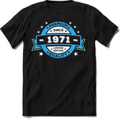 1971 Premium Quality | Feest Kado T-Shirt Heren - Dames | Blauw - Wit | Perfect Verjaardag Cadeau Shirt | Grappige Spreuken - Zinnen - Teksten | Maat XXL