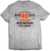 46 Jaar Legend - Feest kado T-Shirt Heren / Dames - Antraciet Grijs / Oranje - Perfect Verjaardag Cadeau Shirt - grappige Spreuken, Zinnen en Teksten. Maat XL