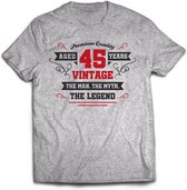 45 Jaar Legend - Feest kado T-Shirt Heren / Dames - Antraciet Grijs / Rood - Perfect Verjaardag Cadeau Shirt - grappige Spreuken, Zinnen en Teksten. Maat XXL