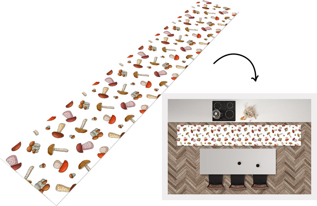 KitchenYeah Keukenloper - Loper keuken - Paddenstoel - Patroon - Cartoon - 300x50 cm - Keukenloper vinyl Multicolor