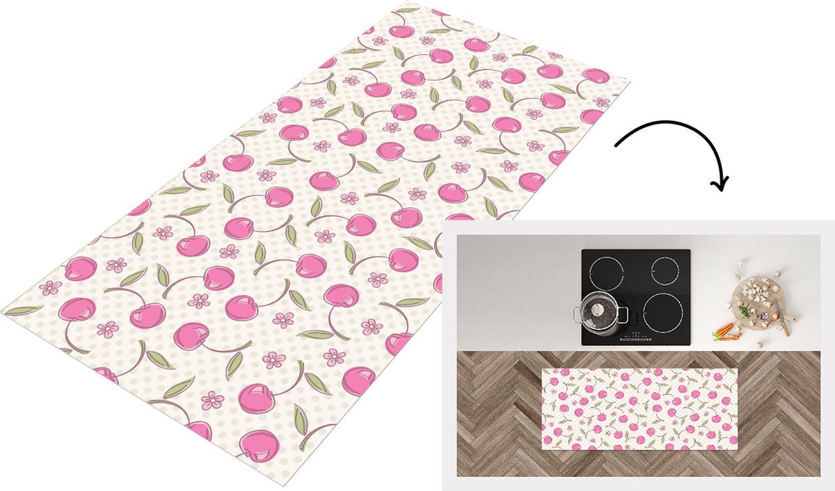 KitchenYeah Keukenloper - Loper keuken - Kersen - Bloemen - Stippen - Patronen - 120x50 cm - Keukenloper vinyl Multicolor