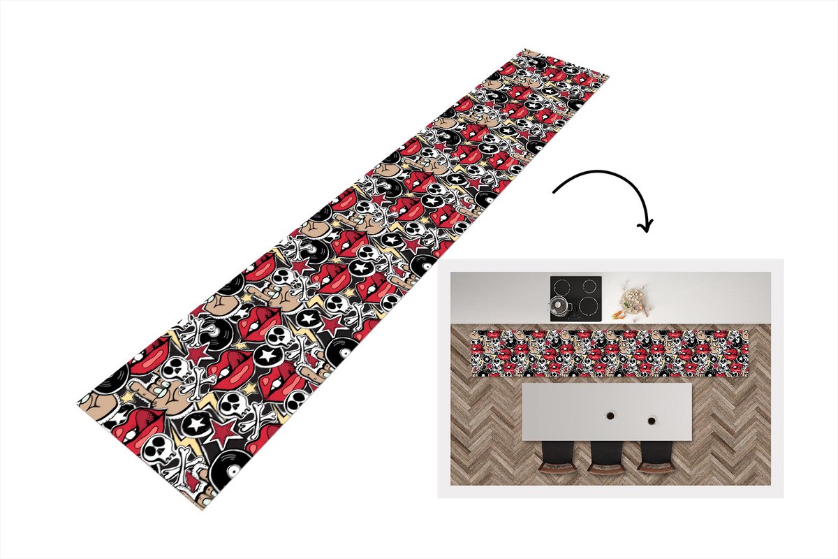 KitchenYeah Keukenloper - Loper keuken - Rock - Rock 'n roll - Patroon - Doodshoofd - Keukenloper vinyl multicolor, foto 2