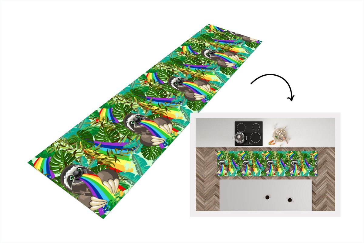 KitchenYeah Keukenloper - Loper keuken - Luiaard - Regenboog - Bladeren - Patronen - 240x60 cm - Keukenloper vinyl Multicolor
