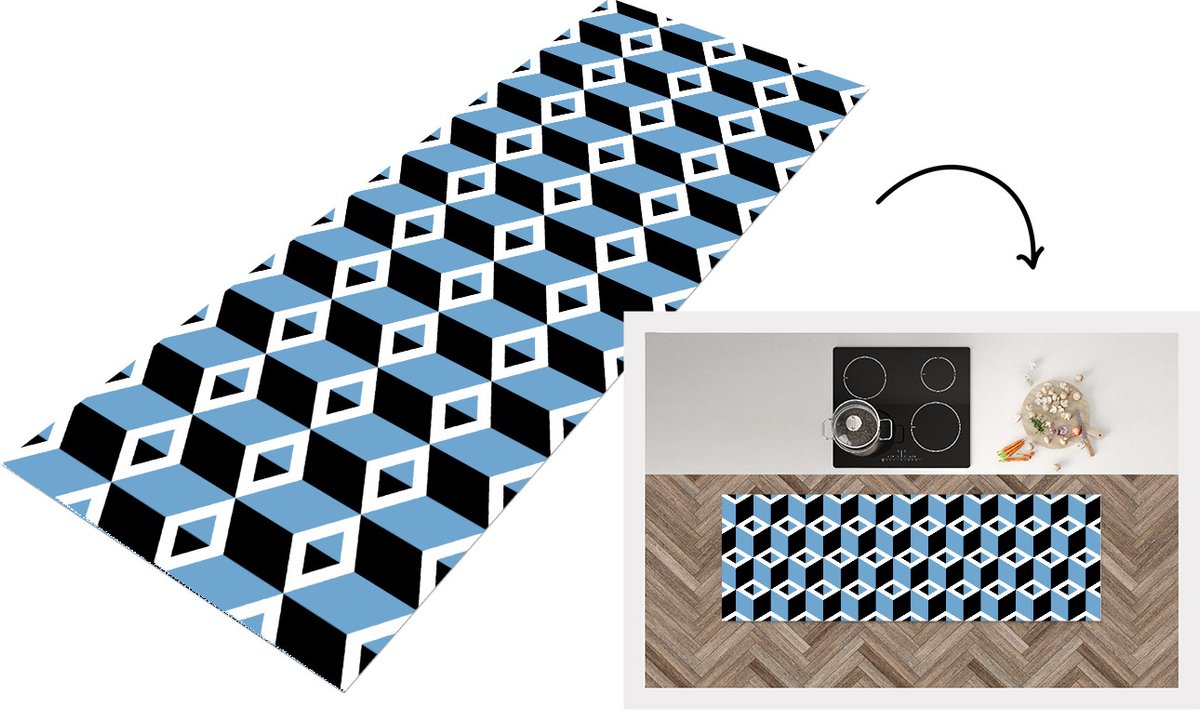 KitchenYeah Keukenloper - Loper keuken - Blokken - Patronen - 3D - 180x60 cm - Keukenloper vinyl Multicolor