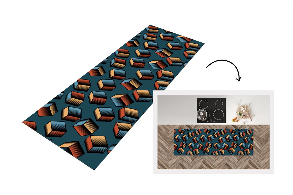 KitchenYeah Keukenloper - Loper keuken - Patronen - Cube - 3D - 180x60 cm - Keukenloper vinyl Multicolor