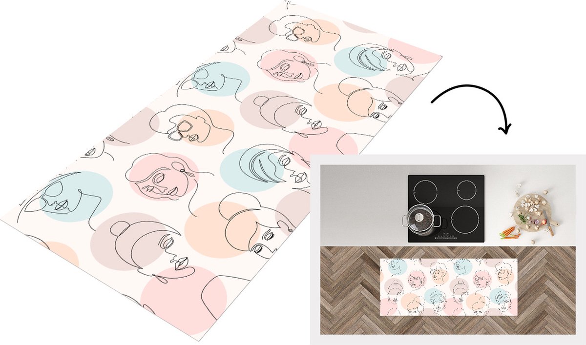 KitchenYeah Keukenloper - Loper keuken - Vrouwen - Pastel - Line Art - Patronen - Keukenloper vinyl Multicolor