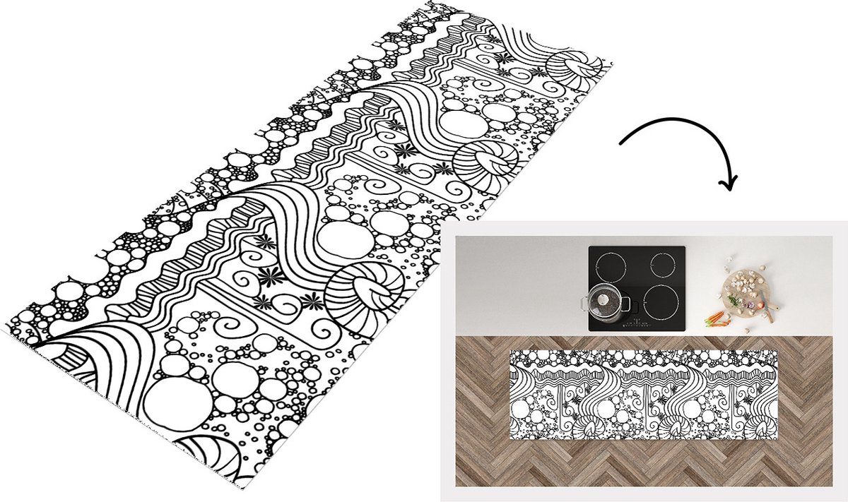 KitchenYeah Keukenloper - Loper keuken - Patronen - Abstract - Line Art - Zwart Wit - 180x60 cm - Keukenloper vinyl Zwart; Wit