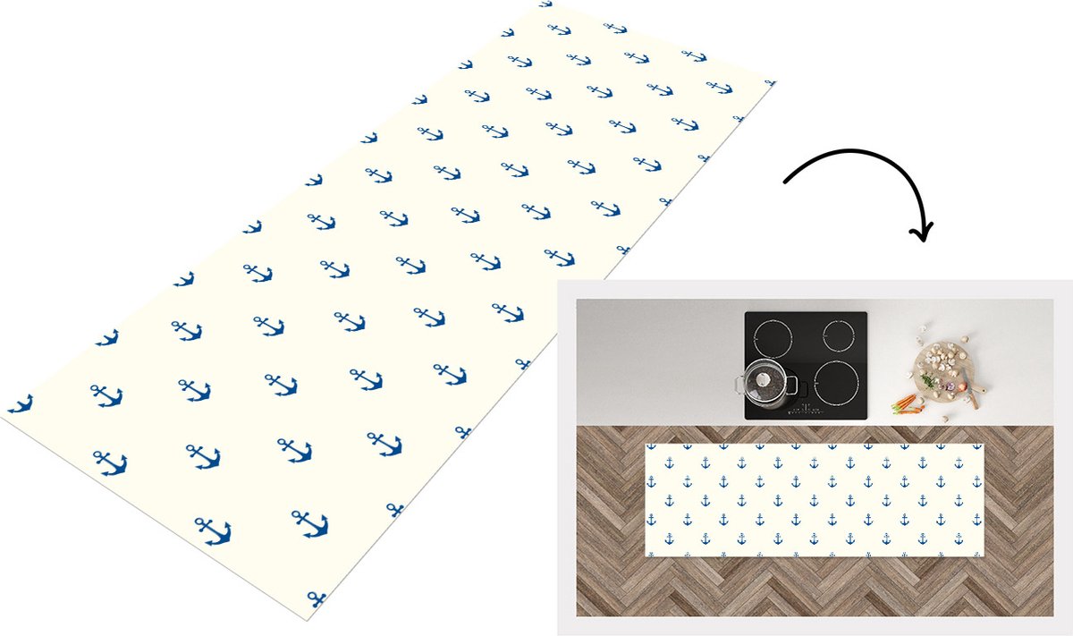 KitchenYeah Keukenloper - Loper keuken - Matroos - Anker - Strand - Patroon - 180x60 cm - Keukenloper vinyl Multicolor
