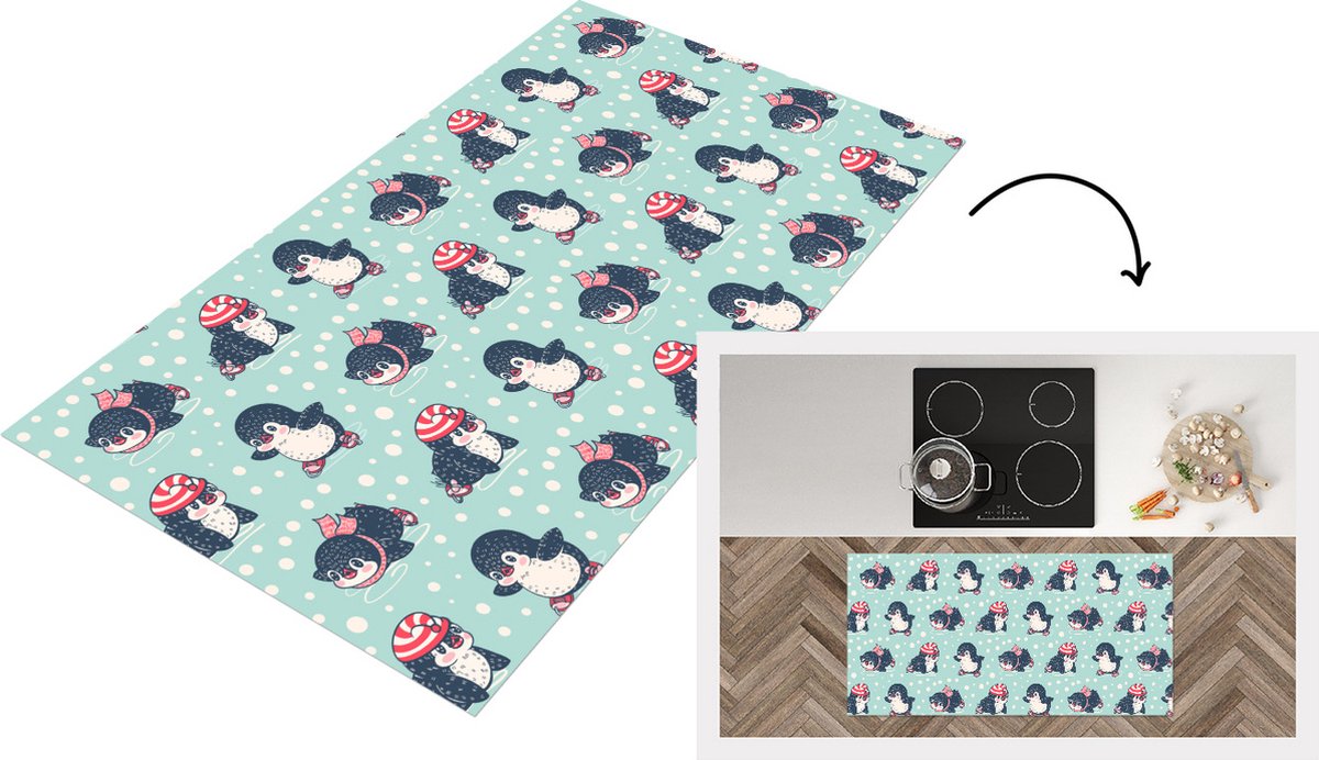 KitchenYeah Keukenloper - Loper keuken - Pinguïn - Schaatsen - Muts - Kinderen - Patroon - 120x60 cm - Keukenloper vinyl Multicolor
