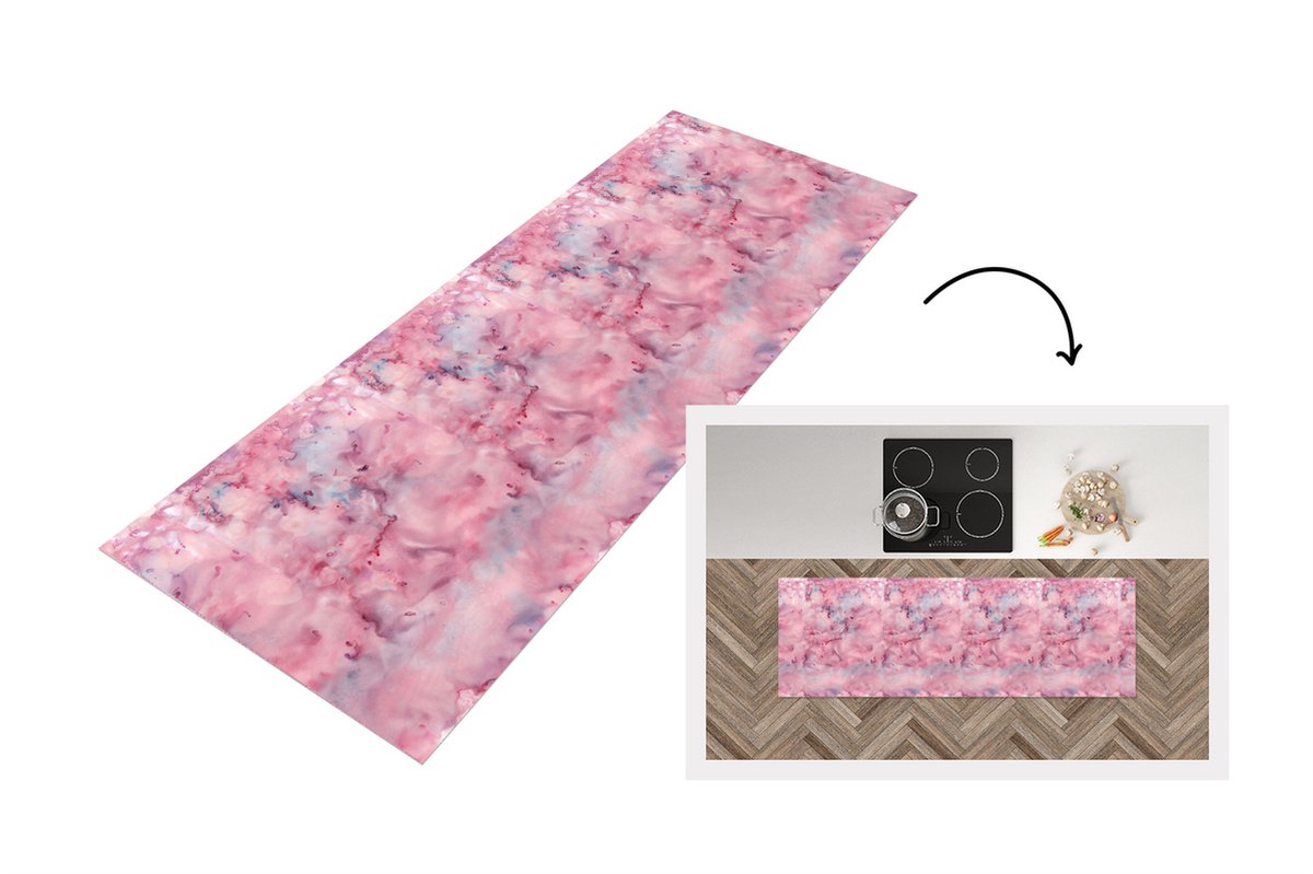 KitchenYeah Keukenloper - Loper keuken - Alcohol inkt - Marmer - Roze - Patronen - 180x60 cm - Keukenloper vinyl Multicolor