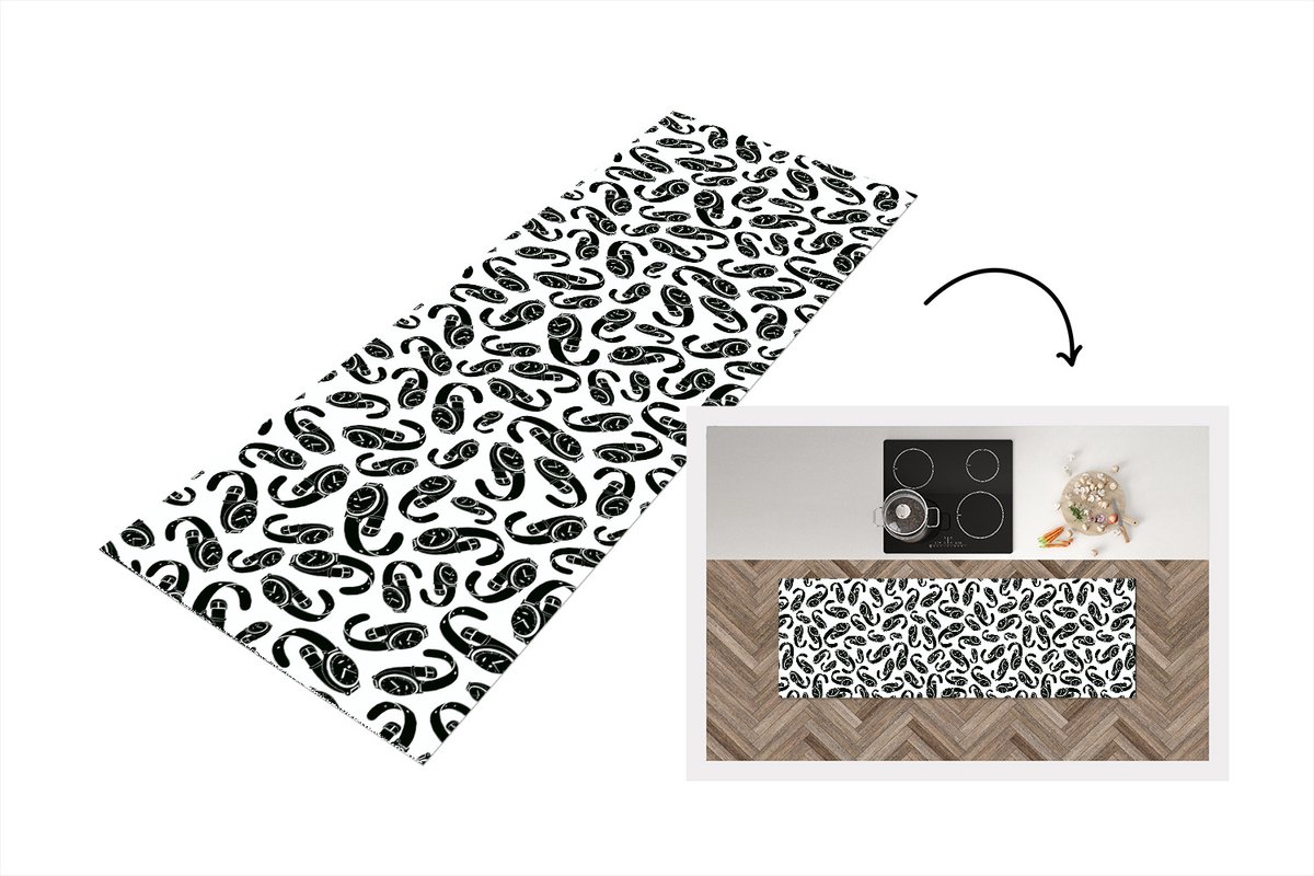 KitchenYeah Keukenloper - Loper keuken - Horloge - Zwart Wit - Patronen - 180x60 cm - Keukenloper vinyl Zwart; Wit