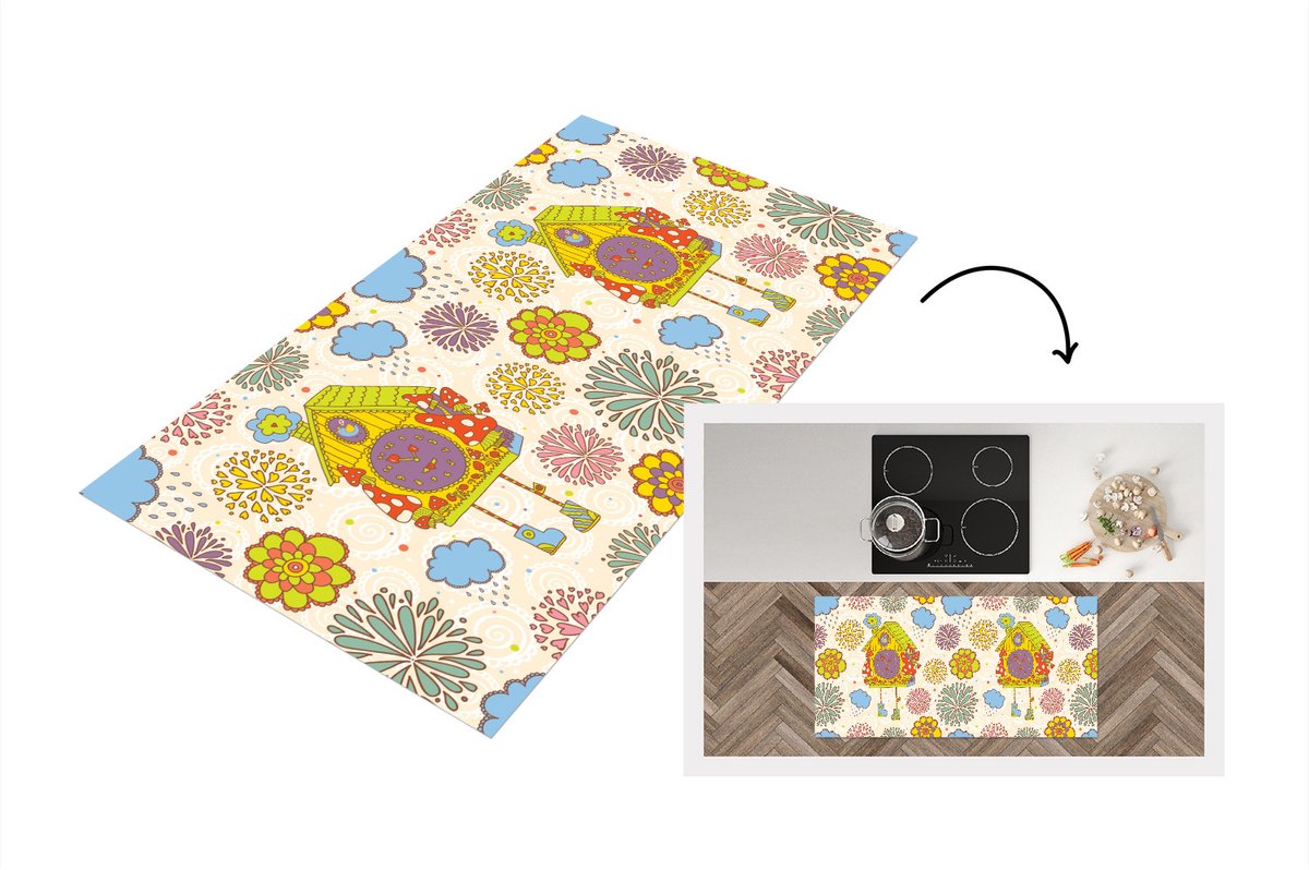 KitchenYeah Keukenloper - Loper keuken - Koekoeksklok - Patronen - Paddenstoel - Bloemen - 120x60 cm - Keukenloper vinyl Multicolor