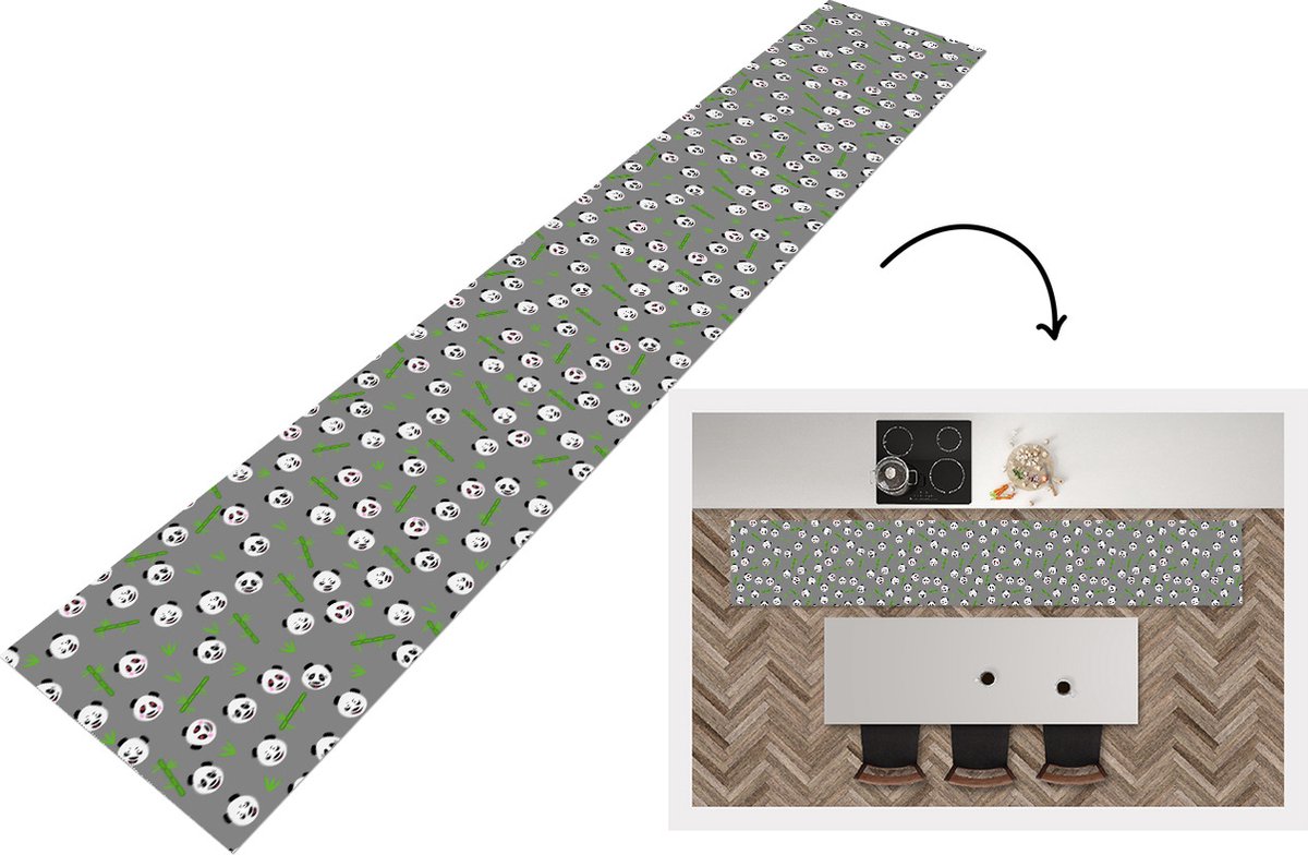 KitchenYeah Keukenloper - Loper keuken - Panda - Bamboe - Design - 300x50 cm - Keukenloper vinyl Multicolor