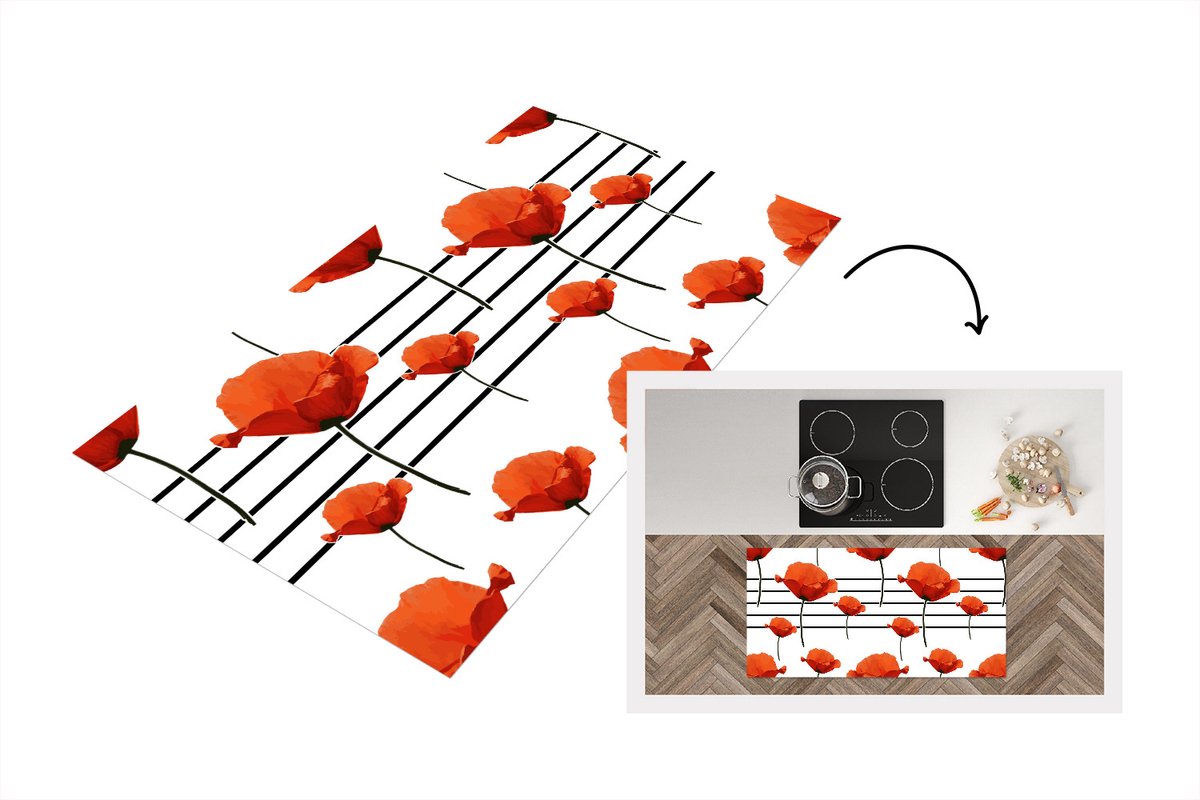 KitchenYeah Keukenloper - Loper keuken - Muziek - Notenbalk - Klaproos - 120x60 cm - Keukenloper vinyl Multicolor