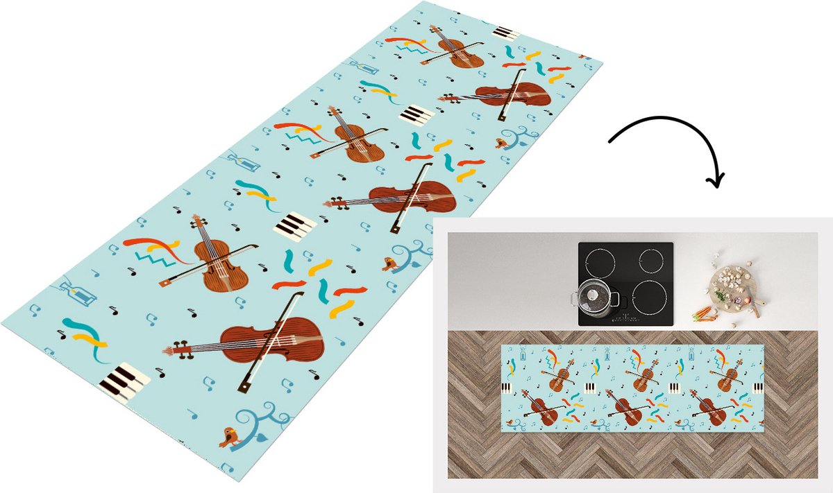 KitchenYeah Keukenloper - Loper keuken - Muziek - Cello - Noten - 150x50 cm - Keukenloper vinyl Multicolor