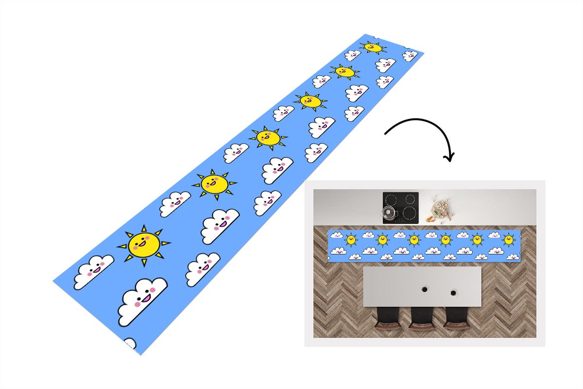 KitchenYeah Keukenloper - Loper keuken - Kawaii - Patronen - Zon - Kinderen - 300x50 cm - Keukenloper vinyl Multicolor