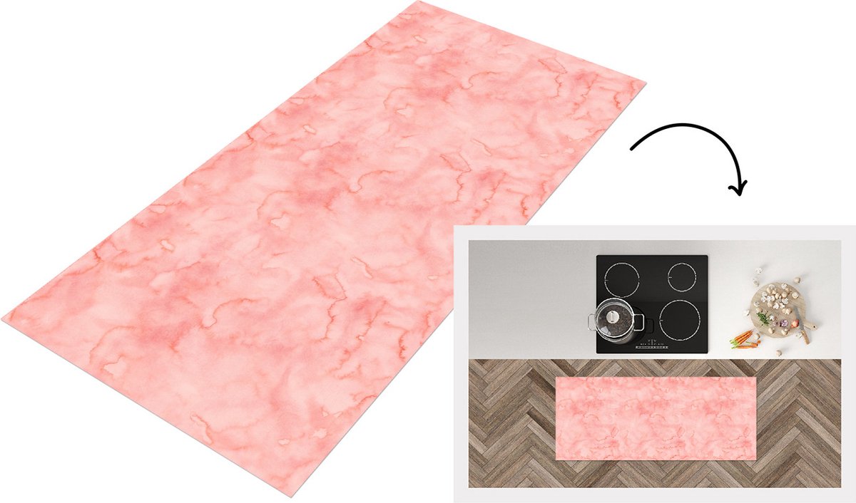 KitchenYeah Keukenloper - Loper keuken - Waterverf - Patroon - Roze - Marmer - 120x50 cm - Keukenloper vinyl Multicolor