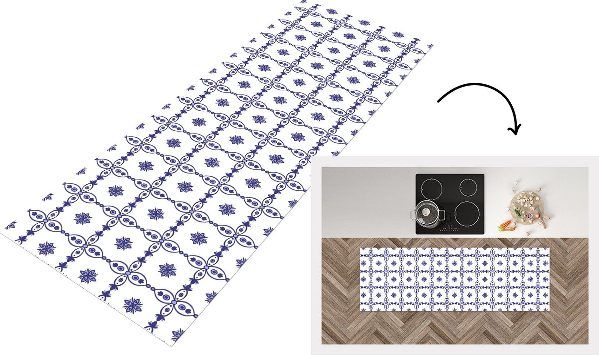 KitchenYeah Keukenloper - Loper keuken - Portugal - Patronen - Blauw - 180x60 cm - Keukenloper vinyl Multicolor