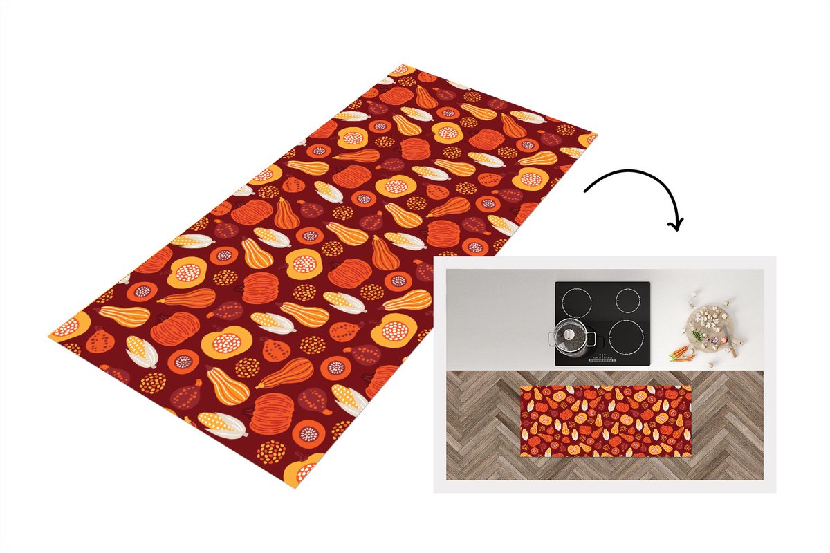 KitchenYeah Keukenloper - Loper keuken - Pompoen - Maïs - Herfst - Patronen - 120x50 cm - Keukenloper vinyl Multicolor