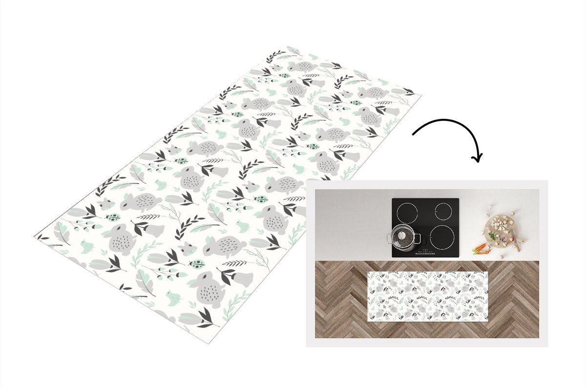 KitchenYeah Keukenloper - Loper keuken - Konijnen - Patronen - Lente - 120x50 cm - Keukenloper vinyl Multicolor