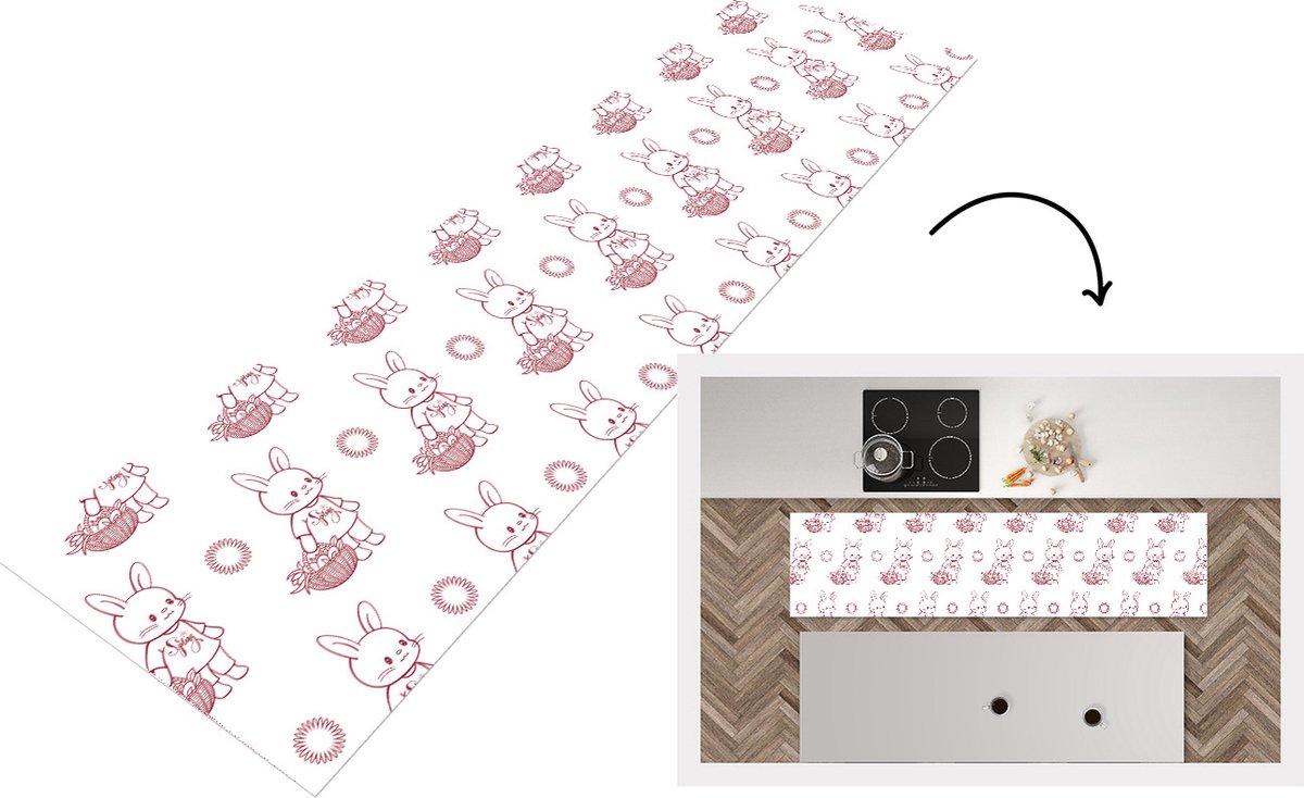 KitchenYeah Keukenloper - Loper keuken - Konijnen - Patronen - Dieren - Cartoon - 200x50 cm - Keukenloper vinyl Multicolor