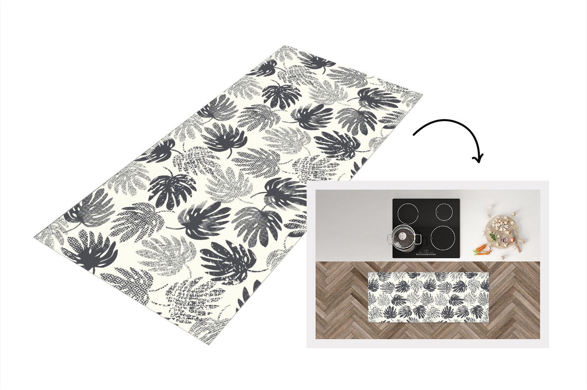 KitchenYeah Keukenloper - Loper keuken - Monstera - Zwart Wit - Patronen - Vintage - 120x50 cm - Keukenloper vinyl Zwart; Wit