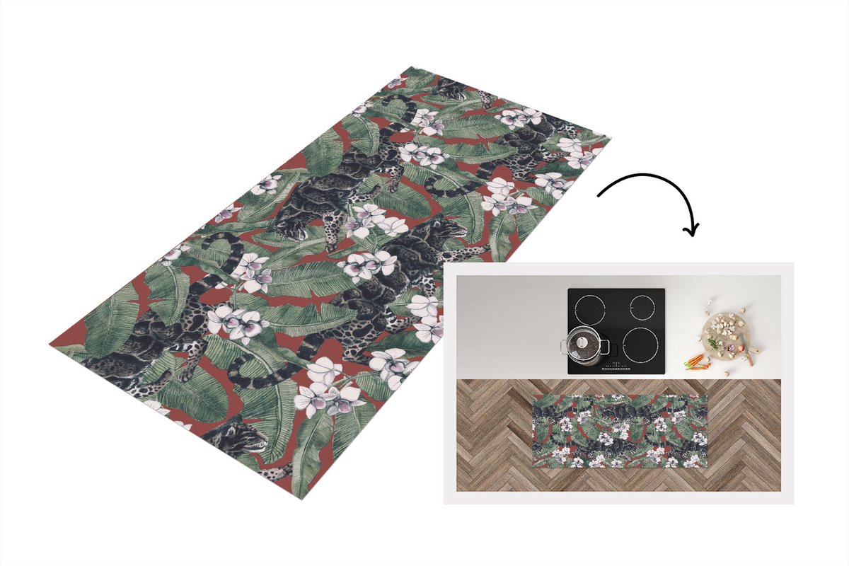 KitchenYeah Keukenloper - Loper keuken - Jungle - Bloem - Panter - Patronen - 120x50 cm - Keukenloper vinyl Multicolor