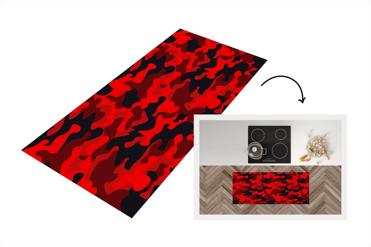 KitchenYeah Keukenloper - Loper keuken - Camouflage - Rood - Patronen - 120x50 cm - Keukenloper vinyl Multicolor