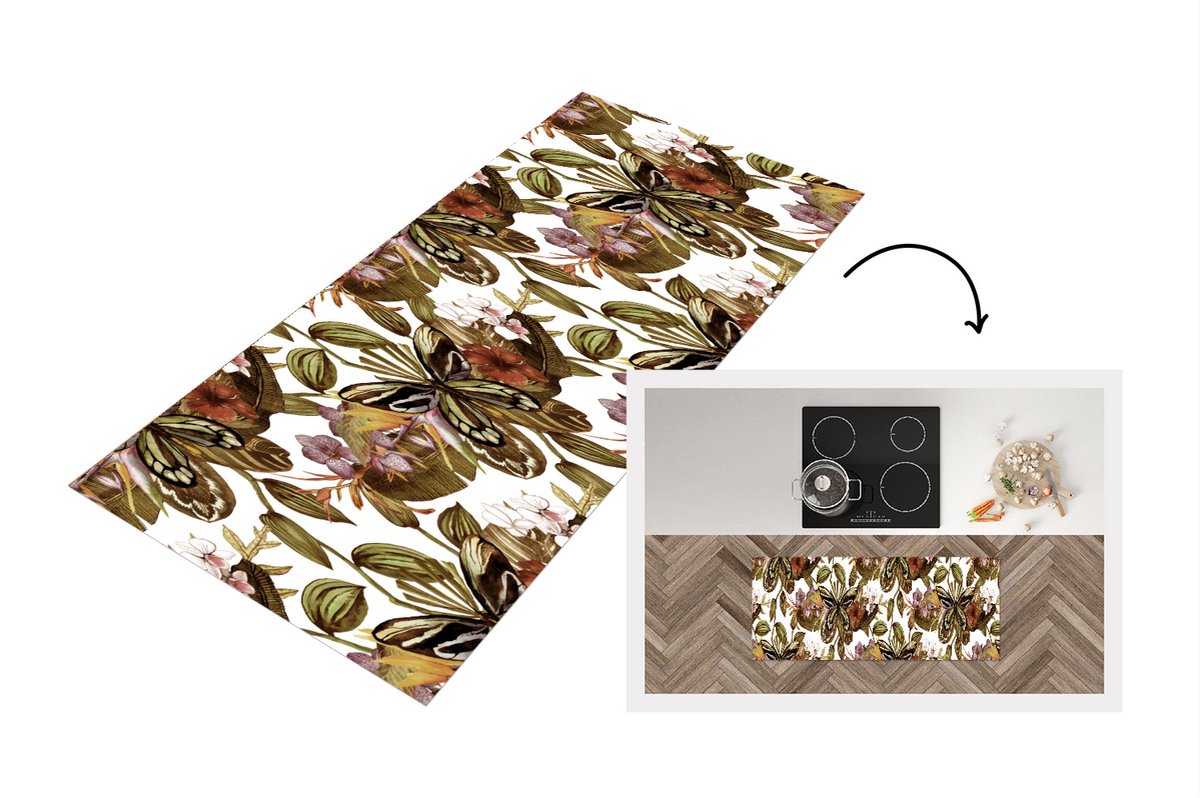 KitchenYeah Keukenloper - Loper keuken - Vlinder - Bloemen - Vintage - Patronen - 120x50 cm - Keukenloper vinyl Multicolor