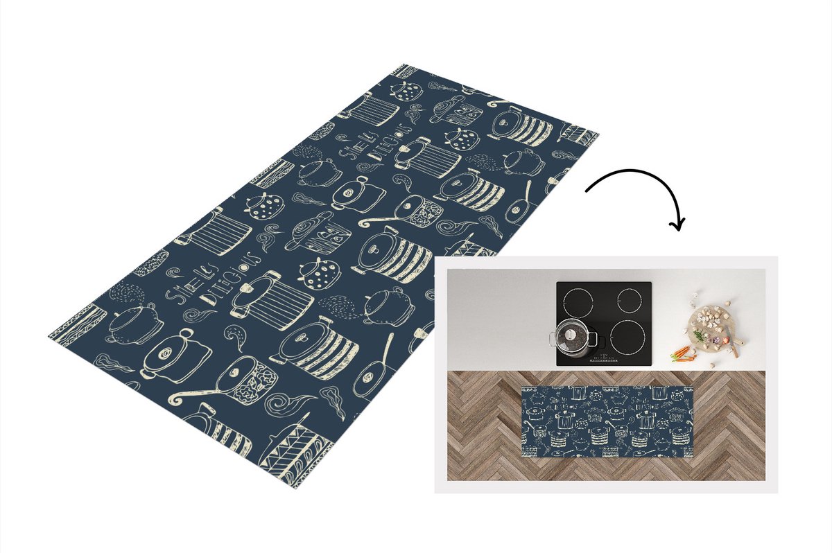 KitchenYeah Keukenloper - Loper keuken - Patroon - Pannen - Koken - 120x50 cm - Keukenloper vinyl Multicolor