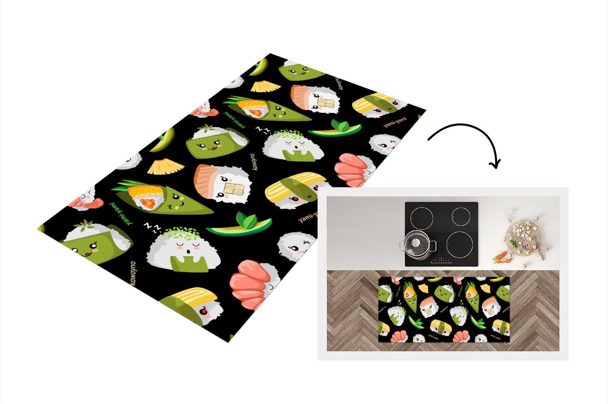 KitchenYeah Keukenloper - Loper keuken - Kawaii - Sushi - Patronen - 120x60 cm - Keukenloper vinyl Multicolor