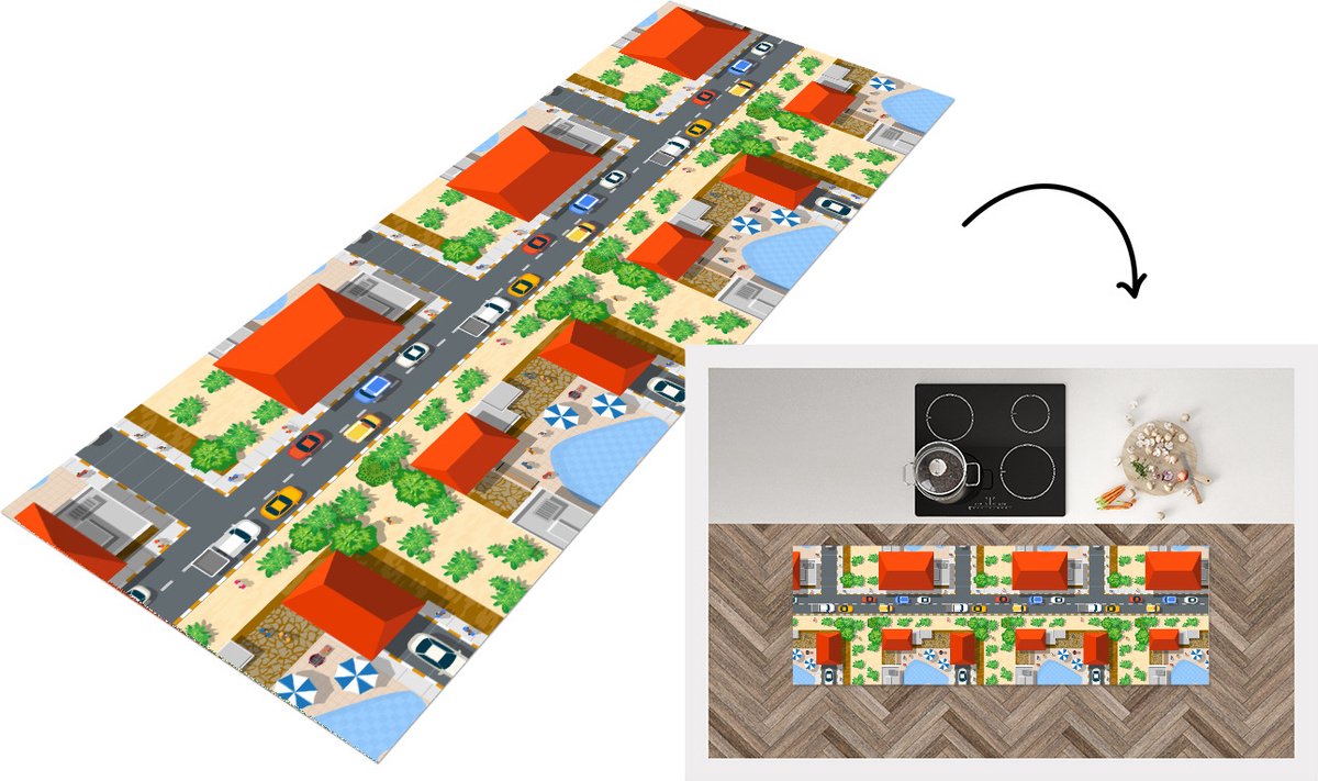 KitchenYeah Keukenloper - Loper keuken - Auto - Patronen - Wegen - Steden - 180x60 cm - Keukenloper vinyl Multicolor