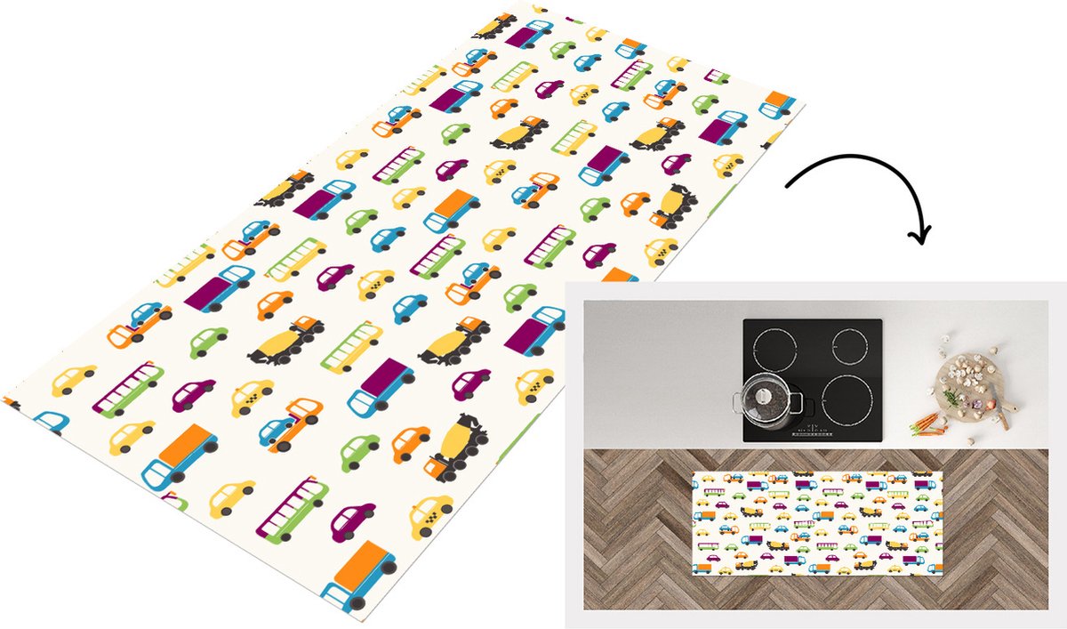 KitchenYeah Keukenloper - Loper keuken - Auto - Patronen - Voertuigen - 120x50 cm - Keukenloper vinyl Multicolor