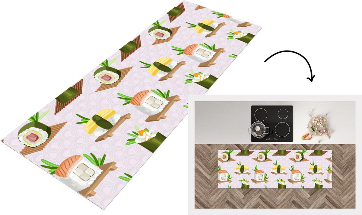KitchenYeah Keukenloper - Loper keuken - Patronen - Eten - Sushi - Japan - 150x50 cm - Keukenloper vinyl Multicolor