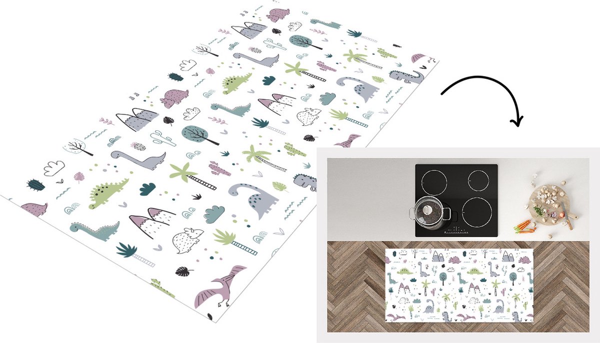 KitchenYeah Keukenloper - Loper keuken - Patroon - Dinosaurus - Kinderen - 120x60 cm - Keukenloper vinyl Multicolor