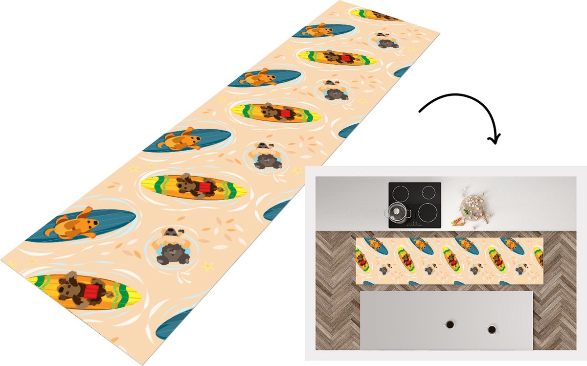 KitchenYeah Keukenloper - Loper keuken - Honden - Surfen - Patroon - 200x50 cm - Keukenloper vinyl Multicolor