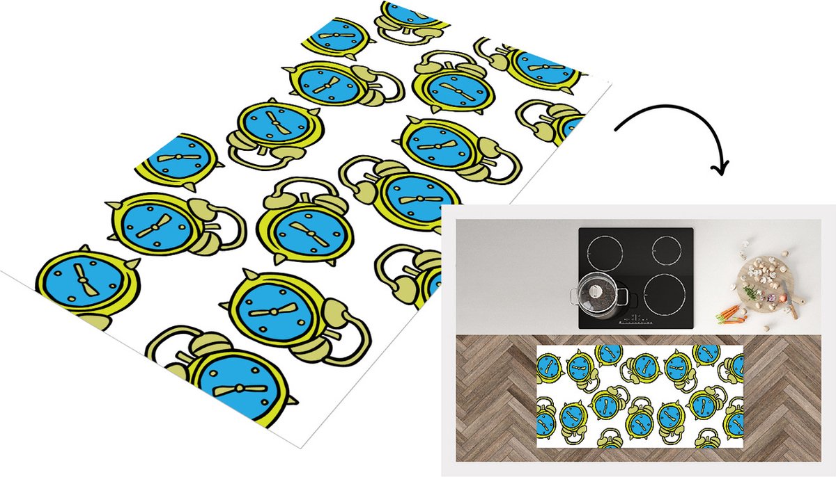 KitchenYeah Keukenloper - Loper keuken - Wekker - Patroon - Cartoon - Slapen - 120x60 cm - Keukenloper vinyl Multicolor