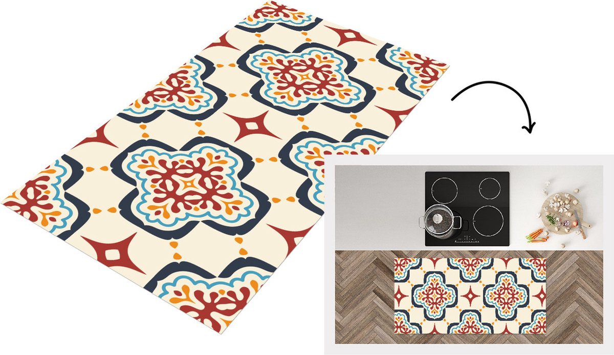 KitchenYeah Keukenloper - Loper keuken - Bloemen - Tegel - Vector - Patroon - 120x60 cm - Keukenloper vinyl Multicolor